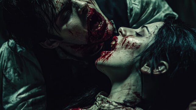 A vampire biting into a victim's neck, with dramatic lighting highlighting the blood and shadows. The victim wears a scared expression.