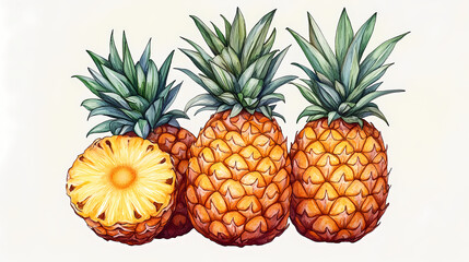 Pineapple. Cartoon illustration of pineapple on white background. Healthy and natural summer fruits, vector illustration.