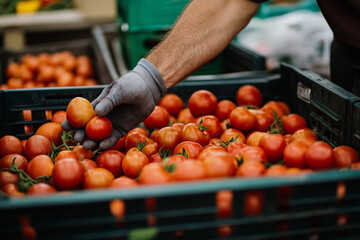 Gloved hand selecting fresh tomatoes from a crate