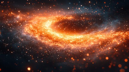Obraz premium Spiral galaxy illuminated by vibrant orange and yellow gases against a dark cosmic background