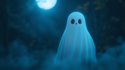 A whimsical ghost character in a mysterious forest under a glowing full moon.