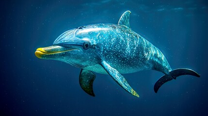 A dolphin swims in the ocean with a yellow tag on its fin.