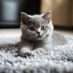 A charming British Shorthair kitten lounging comfortably on a plush rug, its round face and fluffy fur enhancing its cuddly appearance