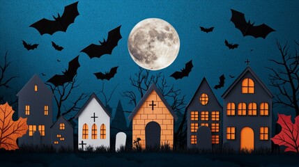 Fototapeta premium Spooky Halloween scene with haunted houses, bats, and a full moon against a dark, atmospheric background.