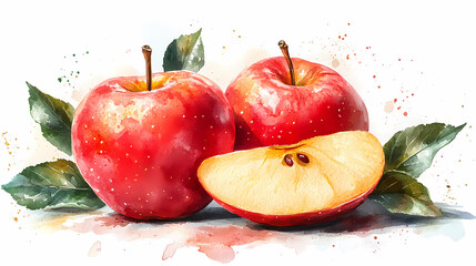 Vector watercolor illustration of apple with two slices. Isolated on white