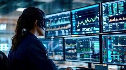 A female IT specialist in a headset monitors multiple screens displaying graphs and charts.