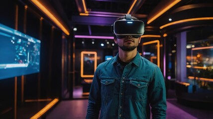 A Man Wearing Virtual Reality Glasses, Immersed in a Futuristic Digital World. The Scene Captures the Essence of Advanced Technology and the Boundless Potential of Virtual Experiences.