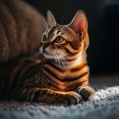 A charming young Bengal cat sitting elegantly on a plush carpet, its spotted coat shimmering in the soft light, capturing the beauty of its exotic breed