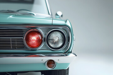 Retro green car front detail featuring dual rounded headlights and chrome accents.