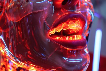 Close-up of a glowing artificial face with vibrant neon lights.