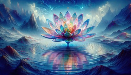 A lotus flower in a surreal fantasy setting, with its petals made of glass reflecting a kaleidoscope of colors, floating in an endless ocean