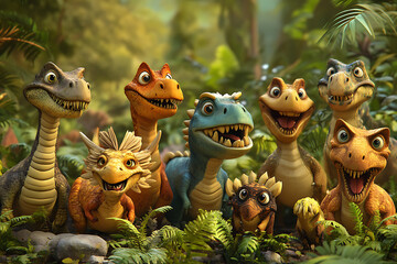 Naklejka premium A group of colorful, cartoonish dinosaurs smiling in a lush, prehistoric jungle setting.