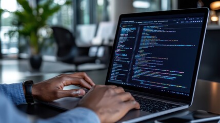Confident Male Software Engineer Coding at Modern Tech Office with Bright Natural Light Illuminating the Workspace