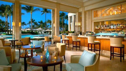 Luxurious Tropical Resort Bar and Lounge with Pool and Beach View