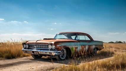 A rusted 1950s pickup truck parked on a lonely dirt road, evoking a sense of forgotten Americana