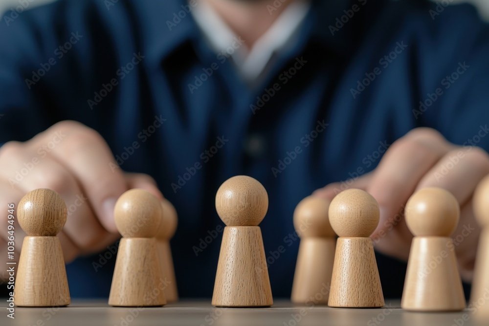 Wall mural a person arranging wooden game pieces on a table, focusing on a central pawn, representing strategy 