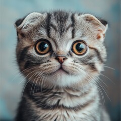 A close-up of a fluffy Scottish Fold kitten, its big eyes and distinct features radiating charm and affection against a soft background