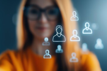 A woman with red hair and glasses stands in focus, surrounded by digital icons of people, symbolizing networking and connection in a modern context.