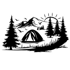 Tent in Nature, Hand Drawn Vector Illustration
