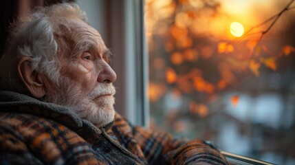 sad and lonely old man beside nursing home window in the morning sunrise. 