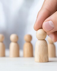 A hand places a wooden figure among others, symbolizing selection, leadership, or teamwork in a minimalist setting.