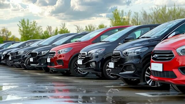 A row of cars are parked in a lot, with the red car being the most prominent. The cars are all different colors and sizes, but they all have one thing in common: they are parked in a lot