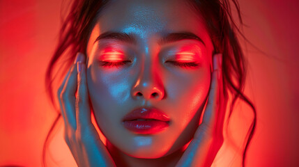 Beautiful young woman with perfect skin is posing with creative red and blue lighting