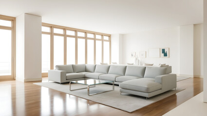Fototapeta premium Spacious modern living room with large light gray sectional sofa, glass coffee table, and floor-to-ceiling windows
