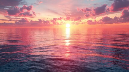 Fototapeta premium Stunning sunset over calm ocean waters with vibrant colors reflecting on the surface, creating a peaceful evening atmosphere