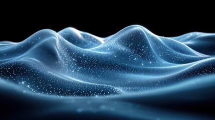 Obraz premium Dynamic blue waves with sparkling elements flow gracefully against a black background, creating a mesmerizing visual effect