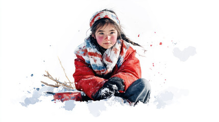 Colorful watercolor painting of Siberian Nenets girl in nomadic camp