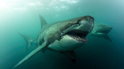 A great white shark with its mouth open swims towards the camera, while another great white shark is in the background.