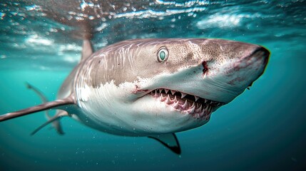 Naklejka premium A great white shark with its mouth open, revealing its sharp teeth, swims through clear blue water.