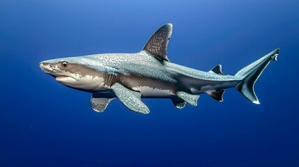 Naklejka premium A grey reef shark swims through the blue ocean.