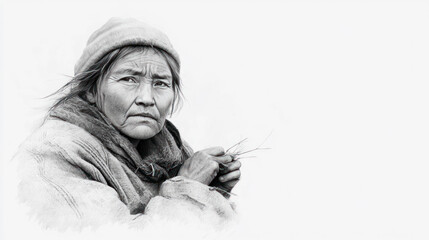 Pencil sketch outline of Siberian Nenets girl in nomadic camp