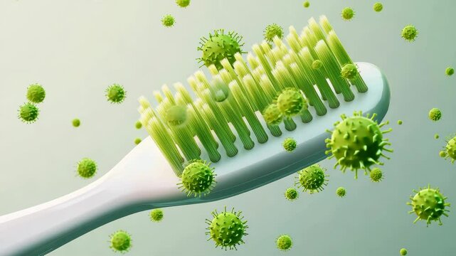 A toothbrush with green bristles is covered in green and white bacteria. The toothbrush is surrounded by a cloud of bacteria, which is a representation of germs