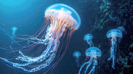 Naklejka premium A group of jellyfish swim in the ocean.
