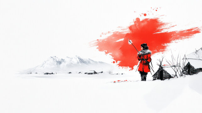 Red watercolor painting of Siberian Nenets girl in nomadic camp