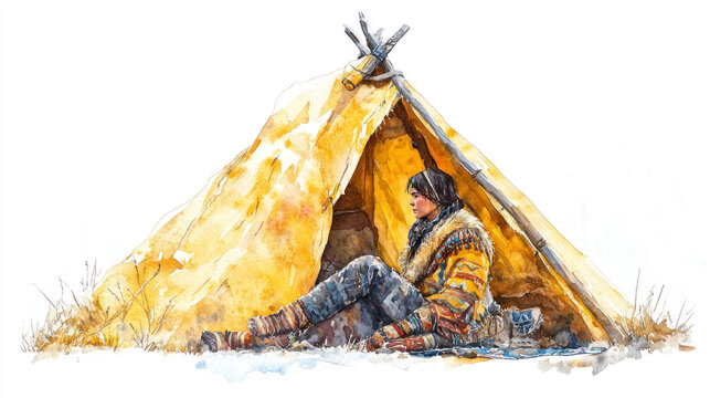 Yellow watercolor painting of Siberian Nenets girl in nomadic camp