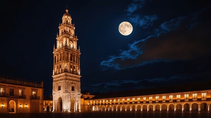 Naklejka premium A majestic nocturne scene of Seville's Giralda Tower, the ancient Moorish-inspired bell tower, standing tall and proud, bathed in the soft