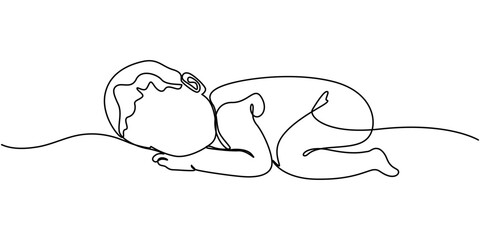 Baby boy sitting in continuous line art drawing style. Cute toddler child black linear sketch isolated on white background. Vector illustration, Newborn line art. Baby legs illustration. Art for print