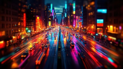 High-angle shot of a vibrant city street at night, Urban, Life