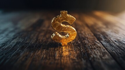 A 3D dollar symbol crafted from gold coins, set on a wooden floor with a black backdrop, representing financial prosperity.