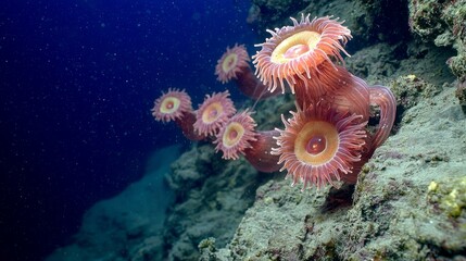 A group of vibrant red anemones with orange centers bloom on a dark rocky ocean floor.