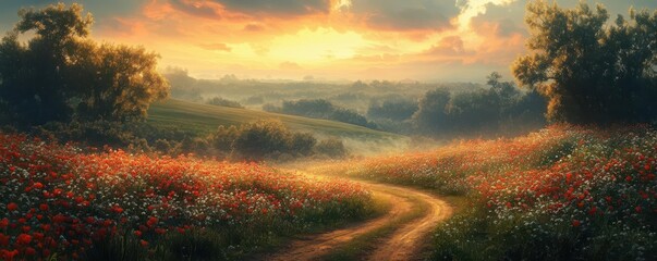 Serene countryside with a winding dirt road and blooming flowers, Nature, Peace