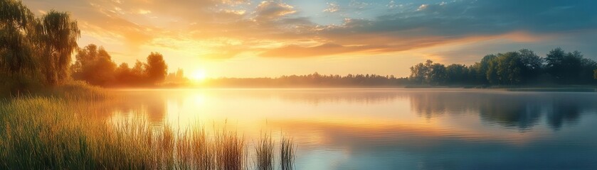 Serene sunset over a tranquil lake with a reflection, Nature, Tranquility