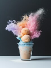 A Serving of blue and light-yellow ice-cream with pastel colored explosion. On dark grey with copy space
