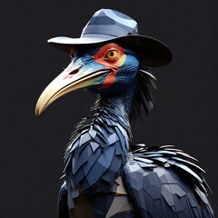 low poly style of the head of the Cassowary bird wears a black hat and long yellow beak, black background. generative ai.