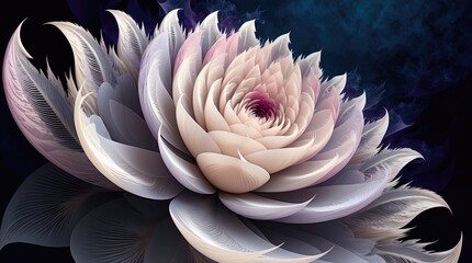 A mesmerizing, intricately detailed image of a rendered fractal flower blooming against a rich, dark blue or purple background, evoking a sense of mystery and sophistication