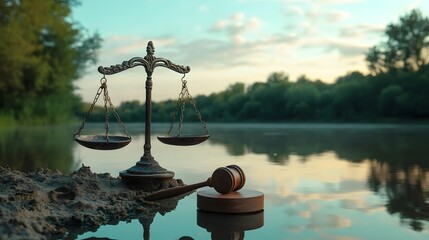 scales of justice float gently on a calm river, symbolizing the flow and balance of law